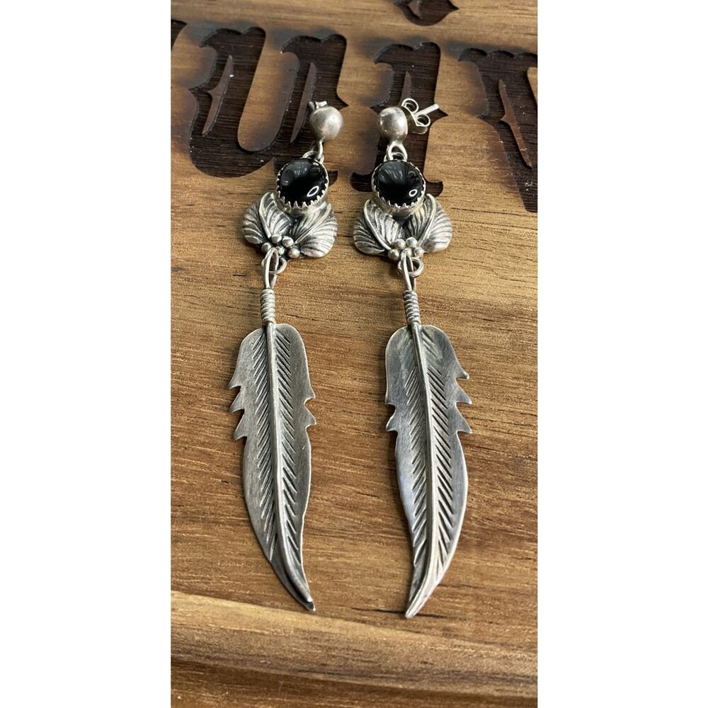 Lorena Sterling Silver Black Onyx Feather Dangle Earrings Southwestern Boho Drop